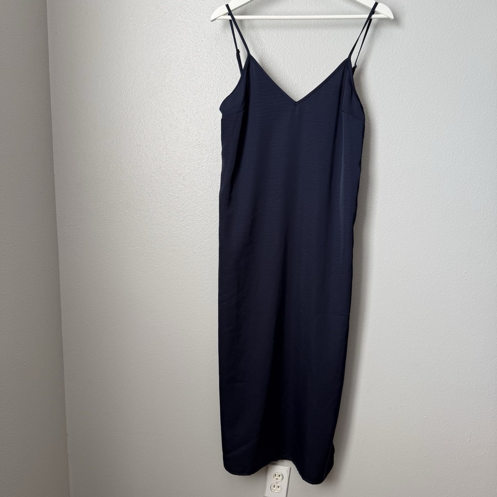A New Day Navy Blue Silky Slip Midi Dress V Neck Small Shirt Dress Casual